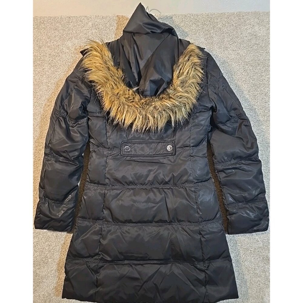 Kenneth Cole Reaction Down Hooded Puffer Coat Full Zip Chevron Black Quilted XS - Picture 16 of 16